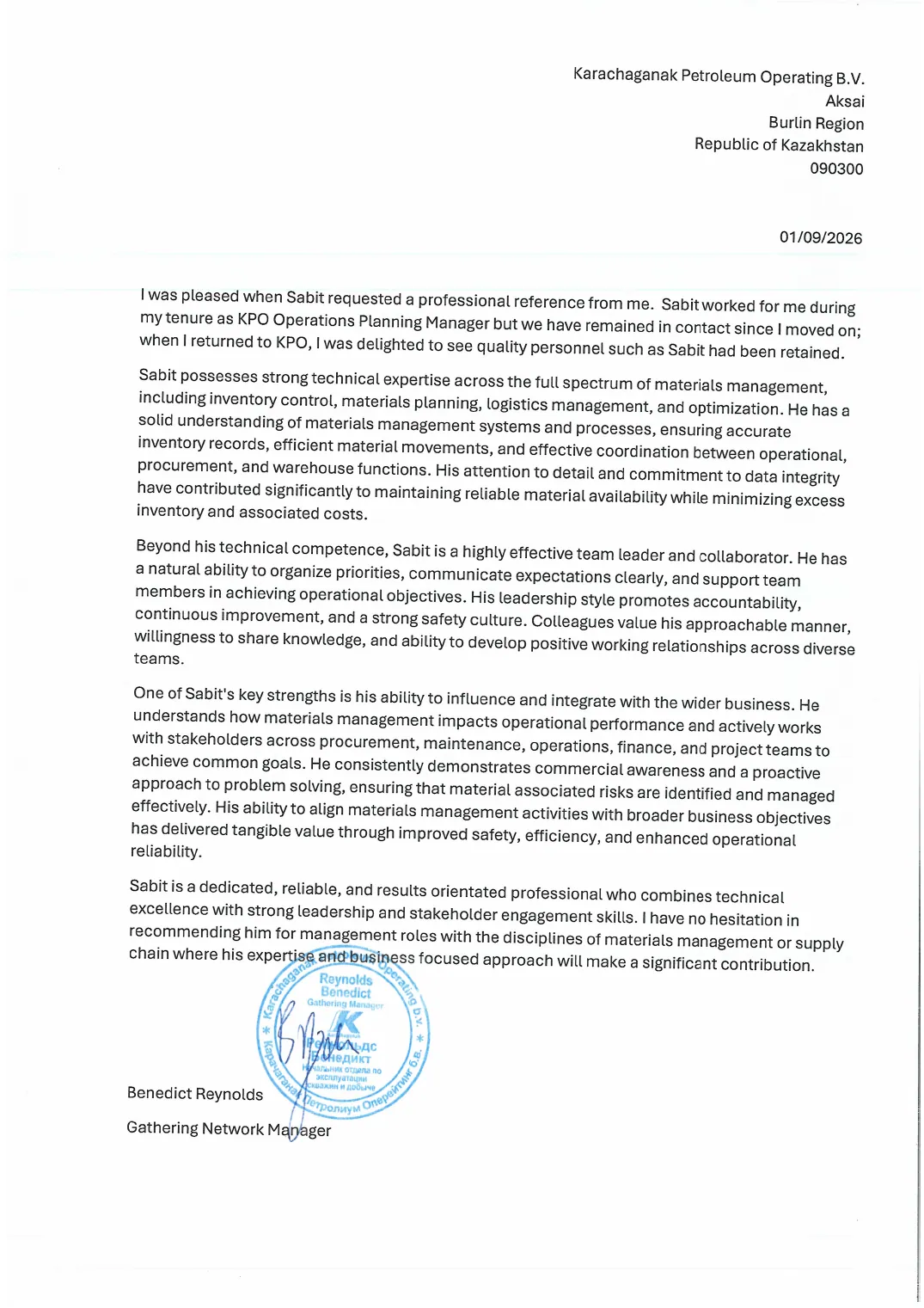 Reference letter: Benedict Reynolds, page 1